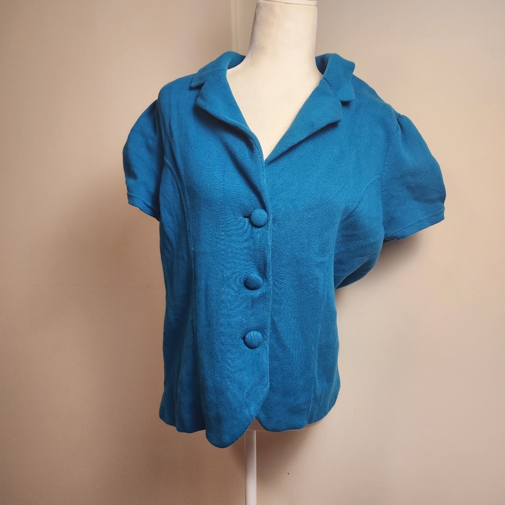 Ann Taylor LOFT Teal Turqoise Blue Short Sleeve Cardigan Jacket Blazer XL EUC